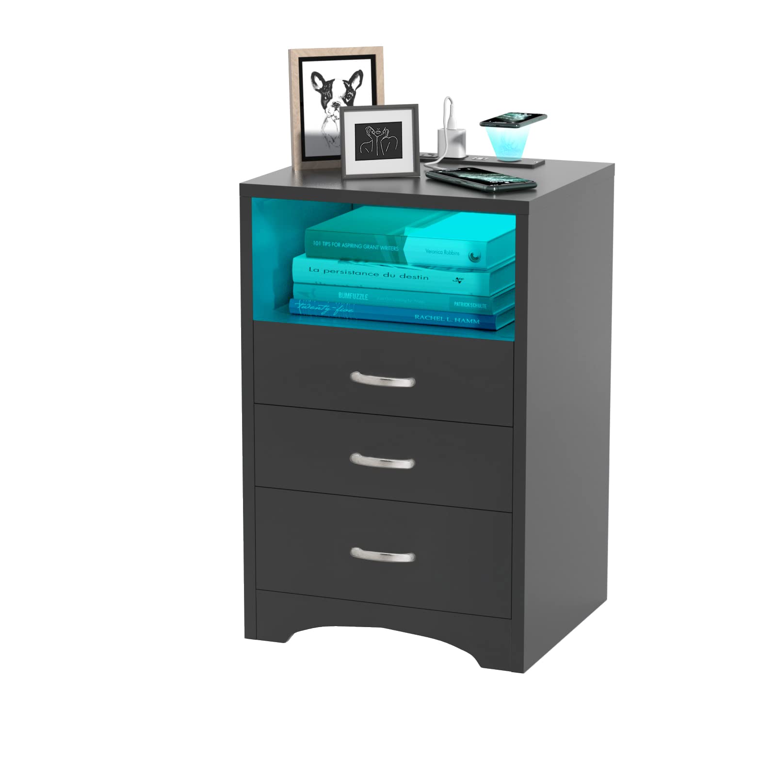 Hoseoka 3 Drawers Black Nightstand With Wireless Charging Station And Led Lights, Side Table With Open Storage Bedside End Table Night Stand Storage Cabinet For Bedroom, Black